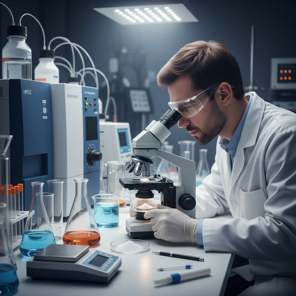 A laboratory technician carefully examining a sample of ibogaine powder under a microscope, with various testing equipment visible in the background.