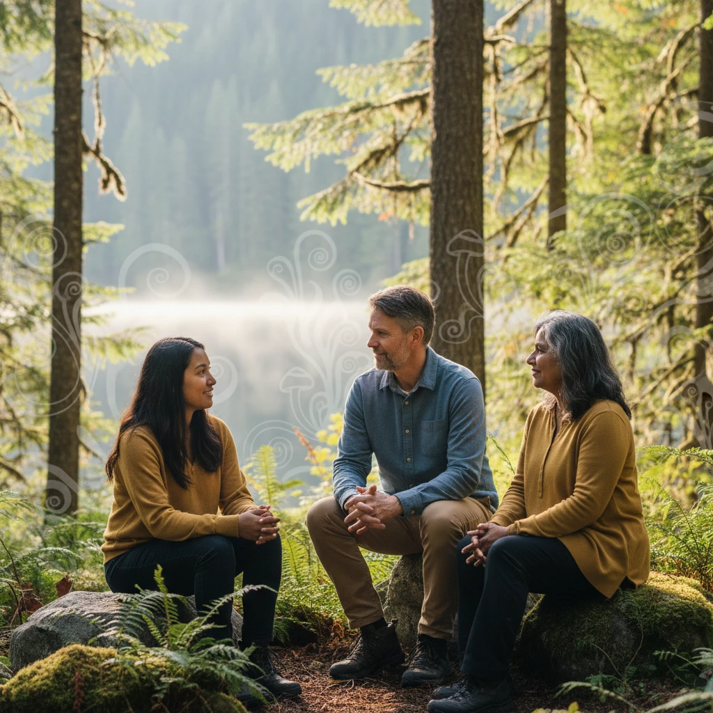A diverse group of Canadians in a serene, nature-inspired setting, engaged in reflective conversation, symbolizing the growth of psychedelic wellness.
