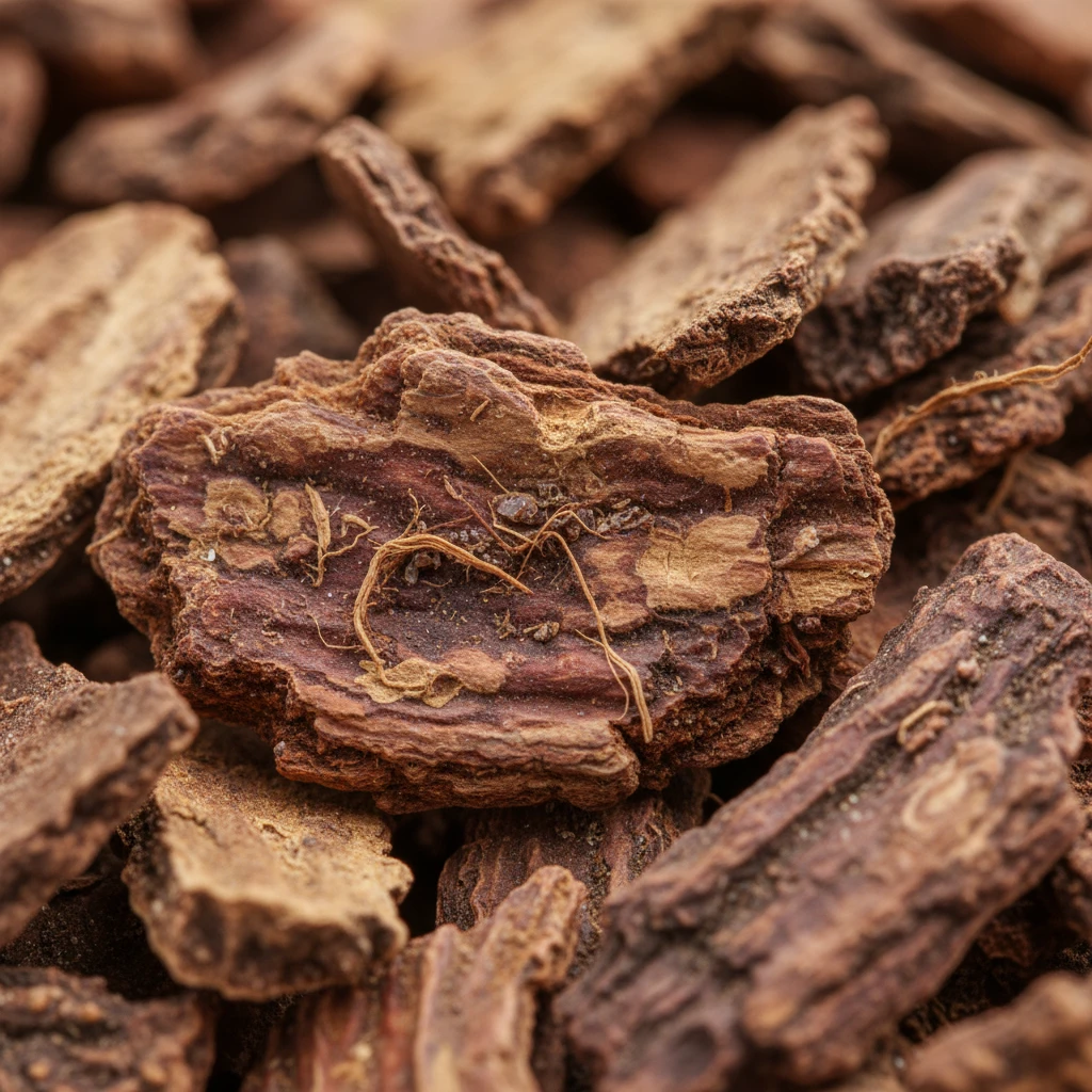 Close-up of iboga root bark, highlighting its texture and natural origins, symbolizing the natural source of ibogaine.