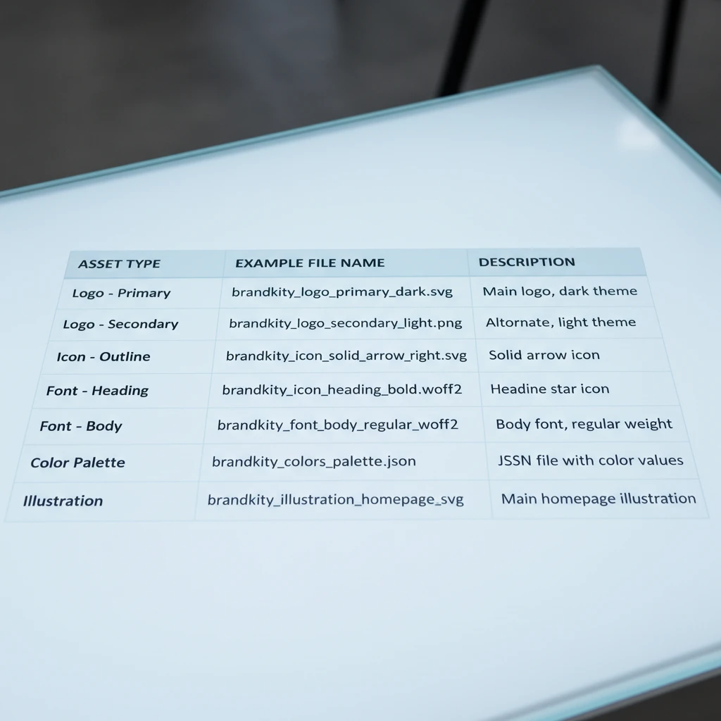 A clear, well-organized table showcasing examples of consistent file naming conventions for various brand assets like logos, fonts, and icons.