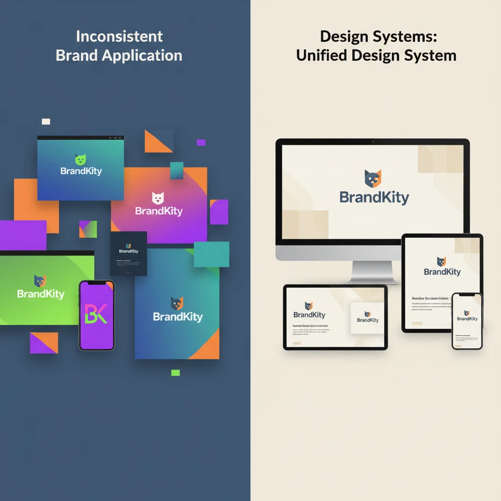 Split screen showing inconsistent brand application on the left (e.g., different logo versions, conflicting colors) and consistent application on the right using a unified design system.