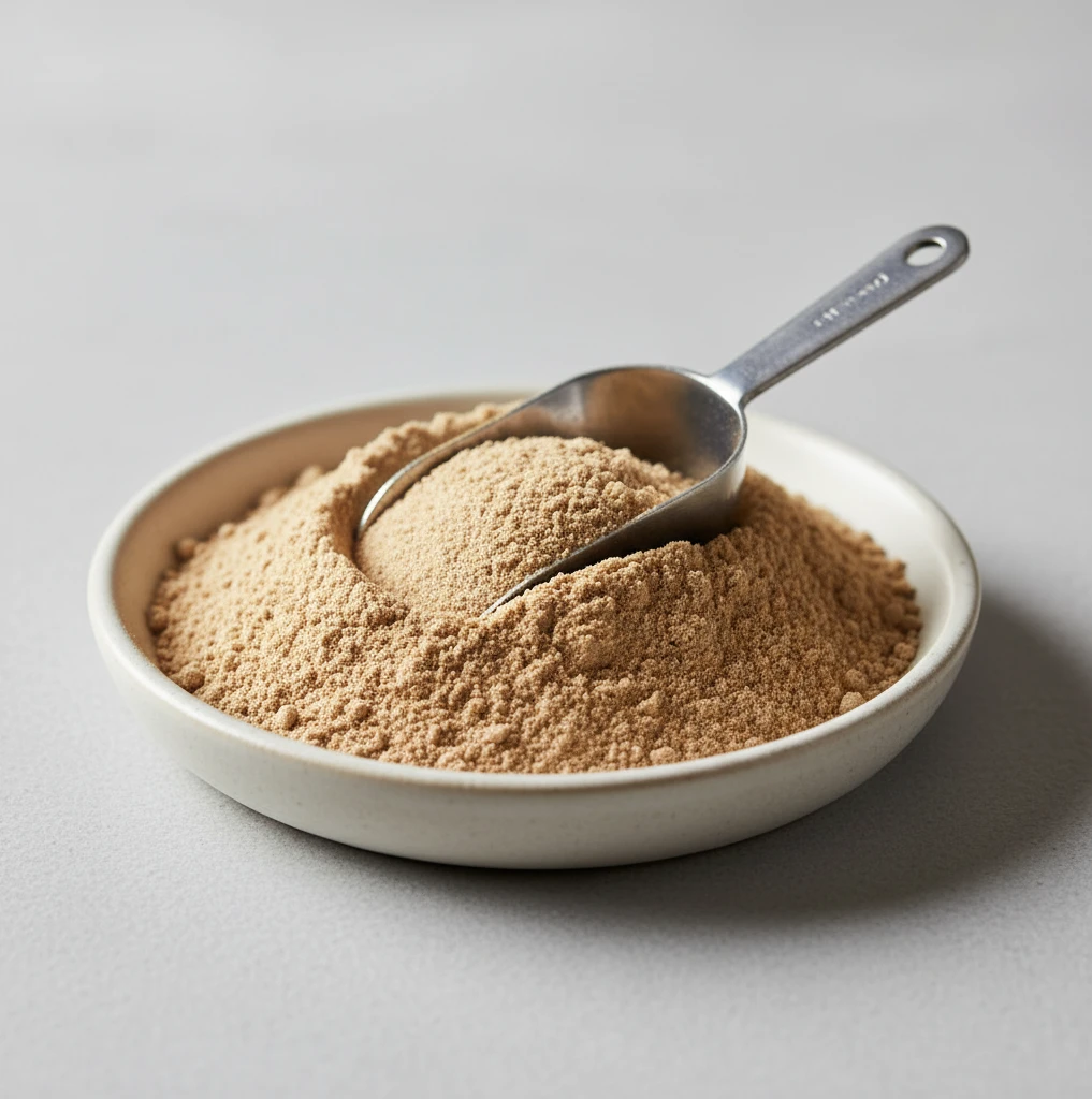 Close-up of high-quality ibogaine powder with a small scoop, showcasing its fine texture and natural earthy color, presented on a clean, neutral background.