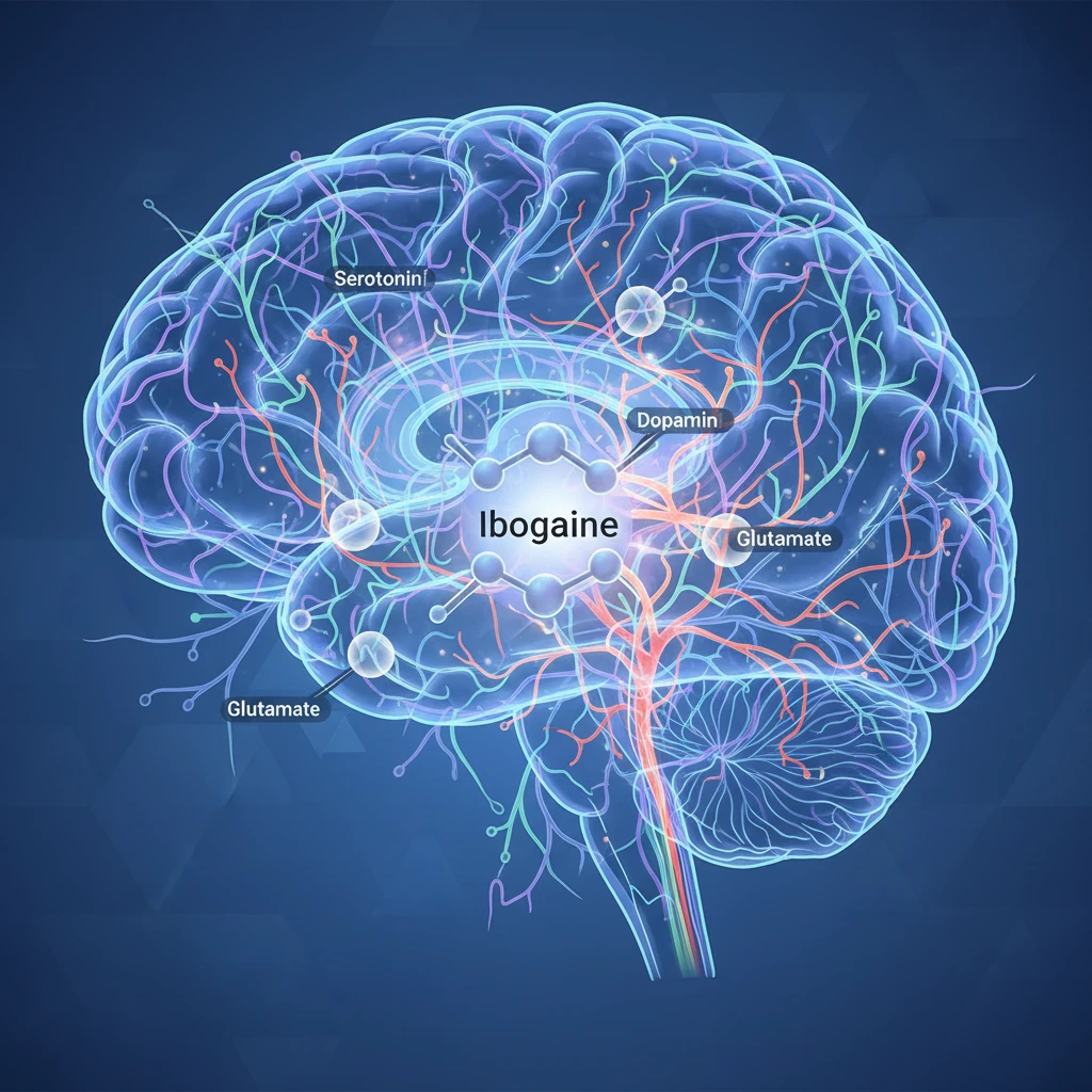 A schematic diagram illustrating the complex neural pathways and receptor interactions of ibogaine within the brain, highlighting key neurotransmitters.