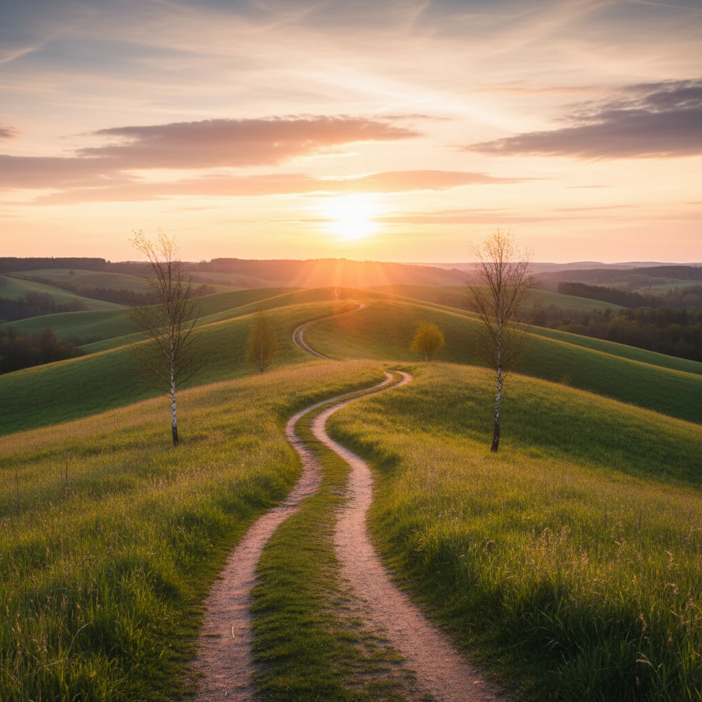 A serene natural landscape with a single winding path leading towards a distant, softly glowing horizon, symbolizing the journey of addiction recovery.