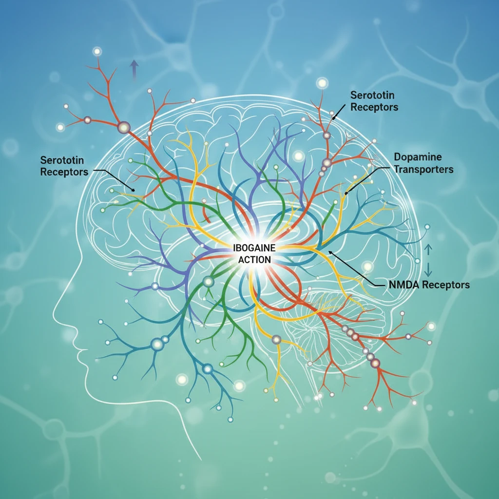 Ibogaine for Addiction: UK's Expert Recovery Insights Diagram illustrating the complex neurotransmitter pathways affected by ibogaine, including serotonin, dopamine, and NMDA receptors.