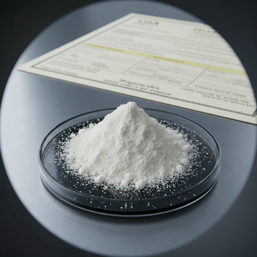 Ibogaine for Addiction: UK's Trusted Recovery Aid Close-up of high-purity Ibogaine HCl powder, showing its crystalline structure and off-white color, presented in a laboratory setting with a CoA visible in the background.