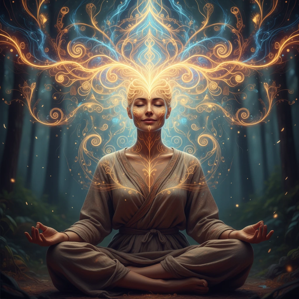 Illustration of a person in deep meditation, with intricate patterns of light emanating from their head, symbolizing profound introspection and healing.