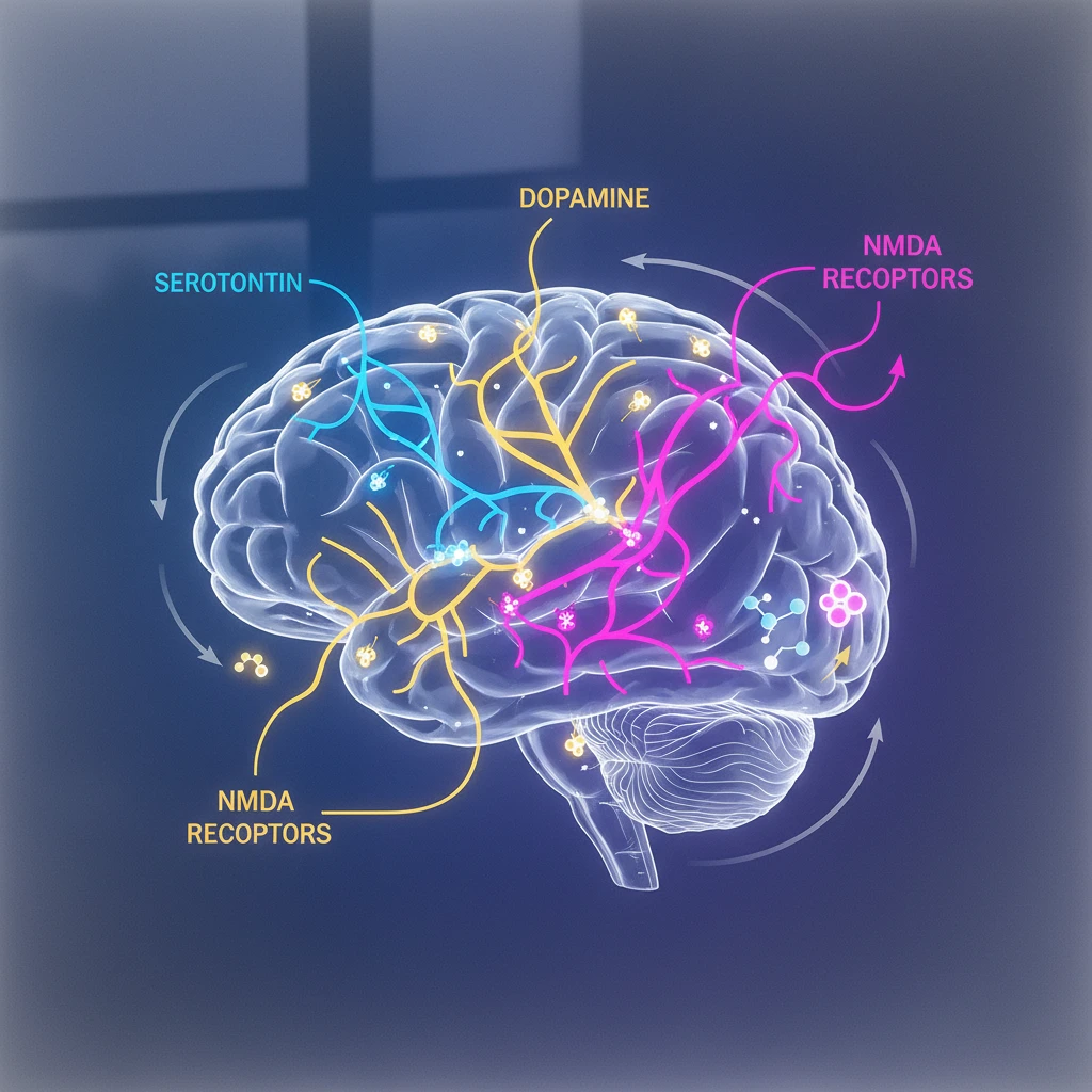 Diagram illustrating neurotransmitter pathways in the brain, highlighting interactions with serotonin, dopamine, and NMDA receptors.