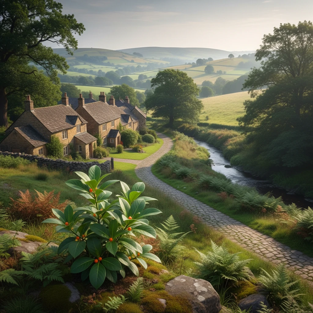 Ibogaine Treatment UK: Expert Recovery Insights A serene UK landscape with a single iboga plant subtly integrated into the foreground, symbolizing natural healing and growth.