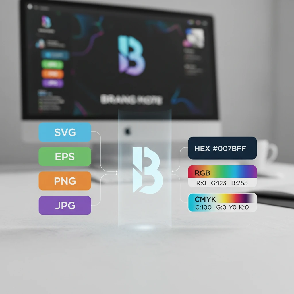 Illustration showing various logo file formats (SVG, EPS, PNG, JPG) and color spaces (HEX, RGB, CMYK) organized clearly.