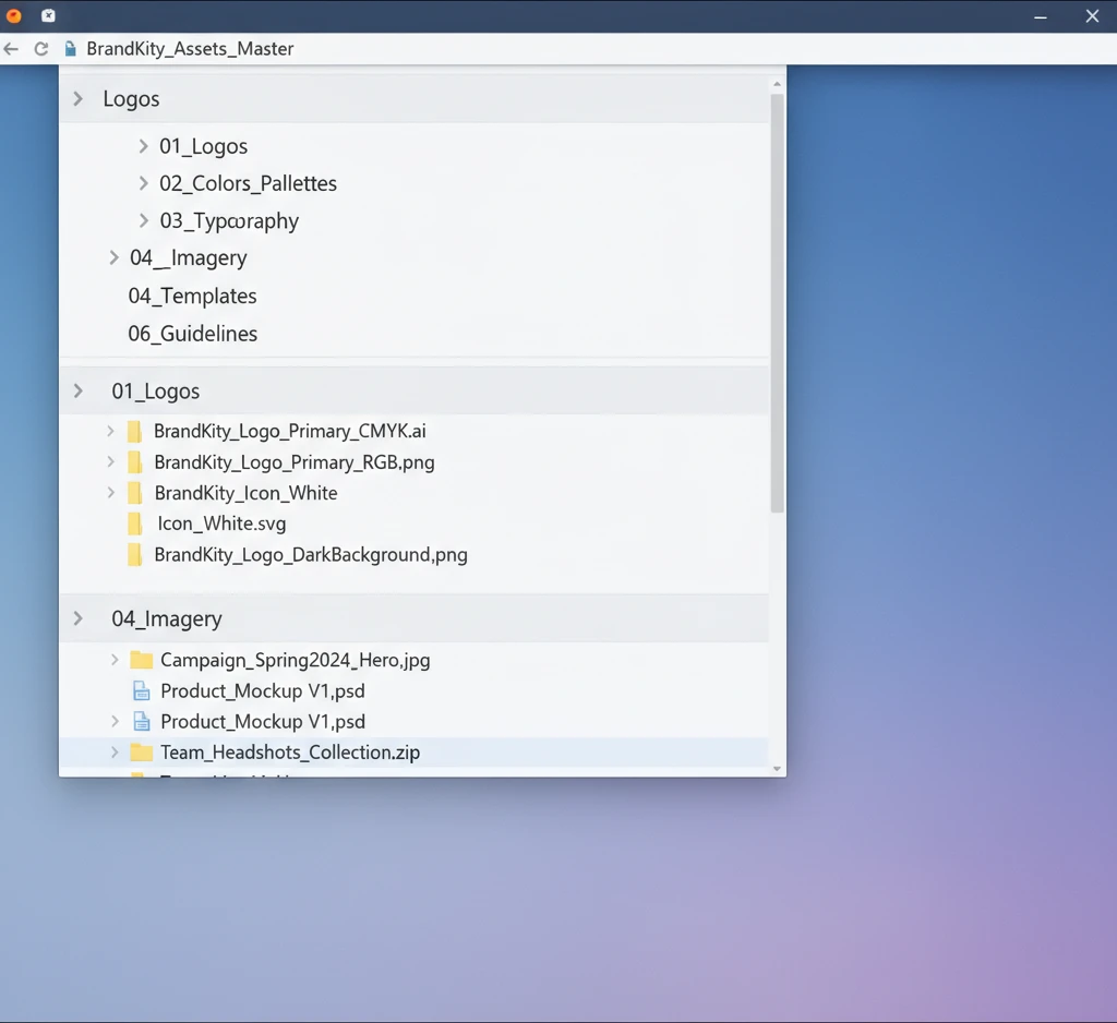 Example of clear and consistent file naming conventions for brand assets, showing organized folders and descriptive file titles.