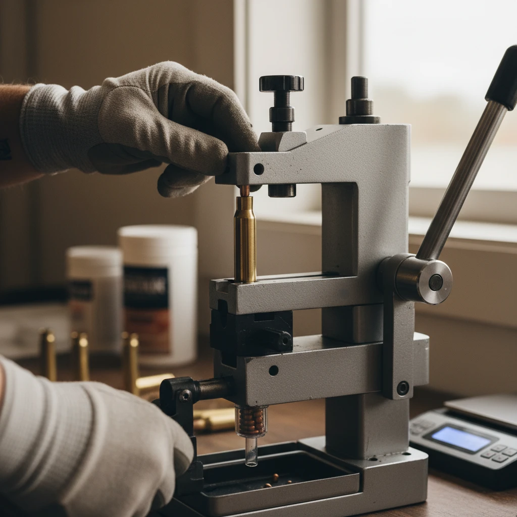 Close-up of a hand holding a reloading press with a primer being seated into a brass cartridge case.