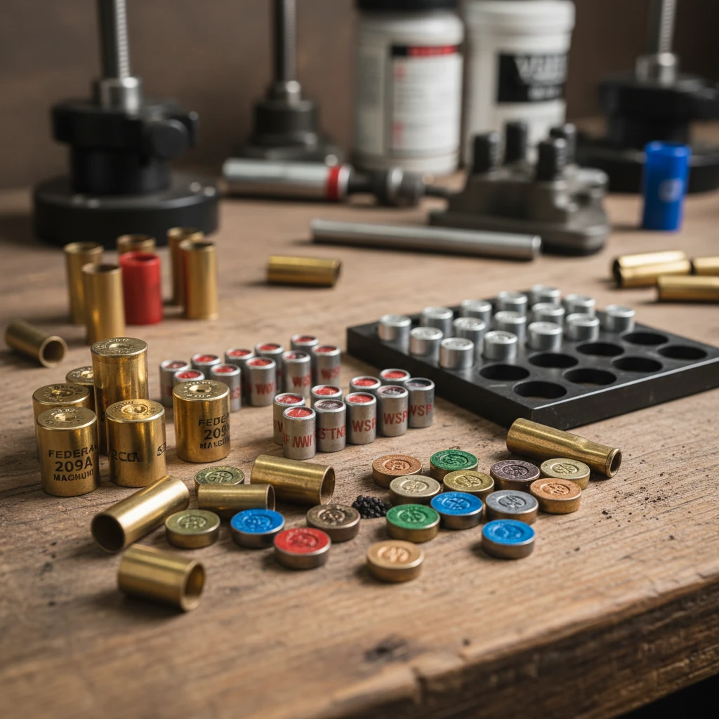 A variety of shotgun primers arranged on a reloading bench, showing different sizes and brands.