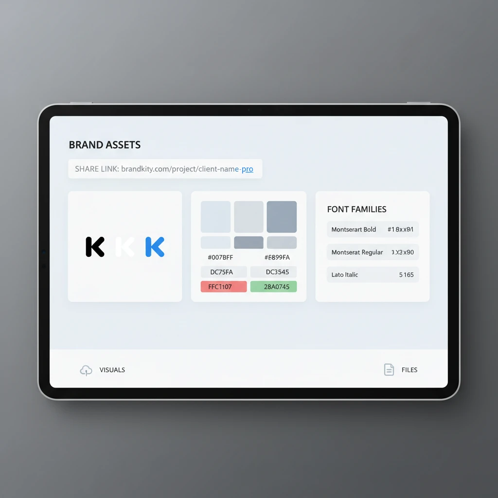 A clean, modern user interface displaying organized brand assets like logos, color swatches, and font families, accessible via a single link.