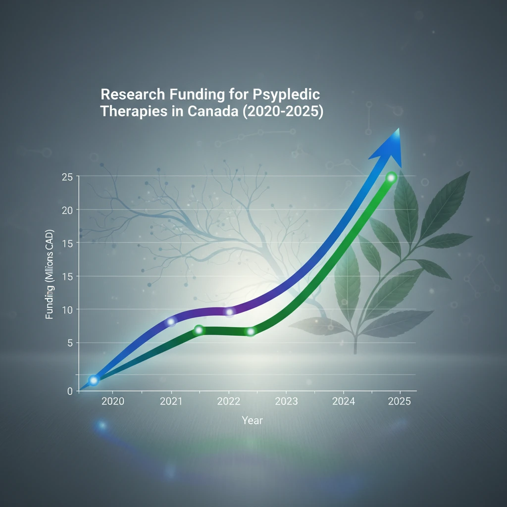 Graph showing increasing research funding for psychedelic therapies in Canada from 2020 to 2025.