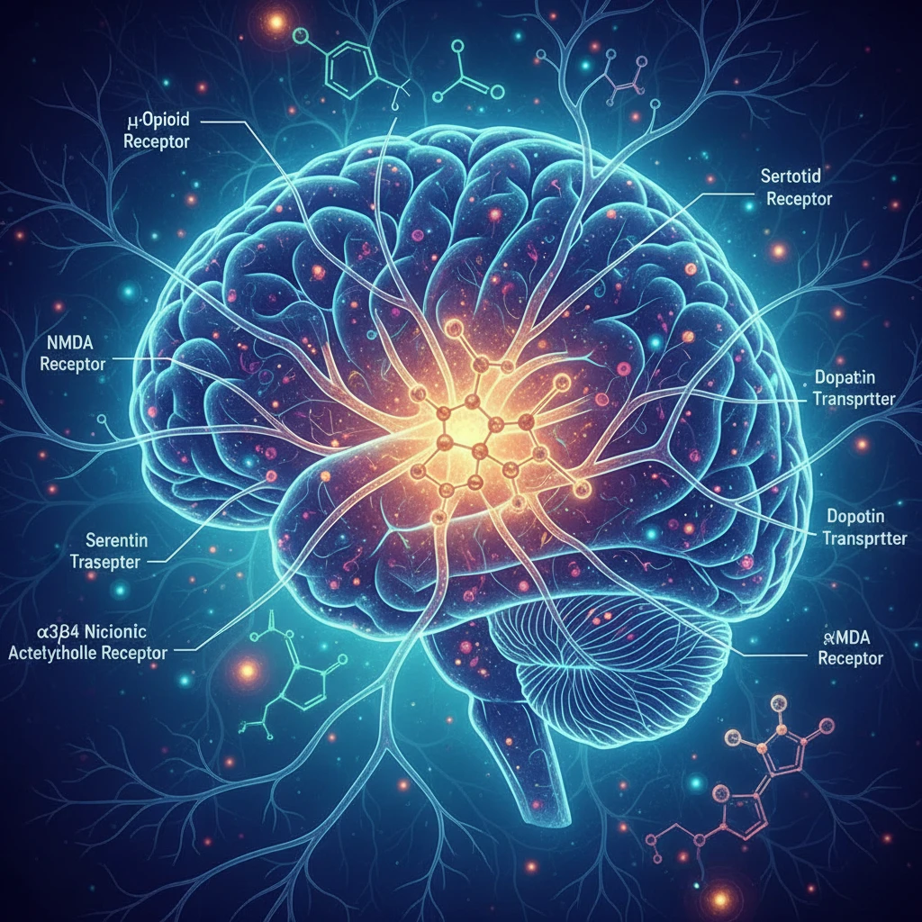 Diagram illustrating the multiple receptor targets of ibogaine in the brain.