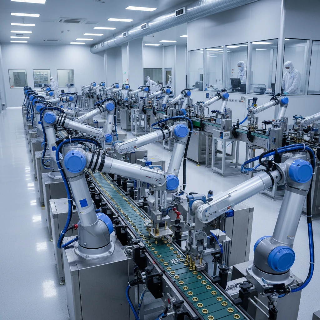 A sterile, high-tech factory environment showing automated machines precisely handling and assembling small metallic components (primers) on a conveyor belt, with cleanroom aesthetics.