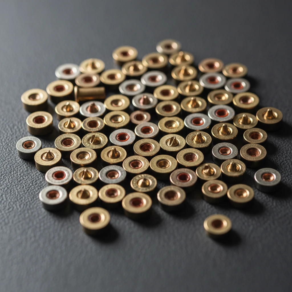 Close-up macro shot of various reloading primers laid out on a dark surface, showcasing different colors and sizes.