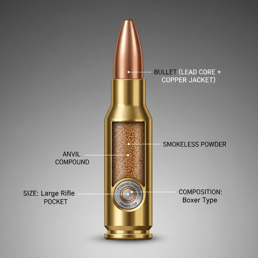 Diagram illustrating the cross-section of a cartridge, highlighting the primer pocket and primer with labels for size and composition.