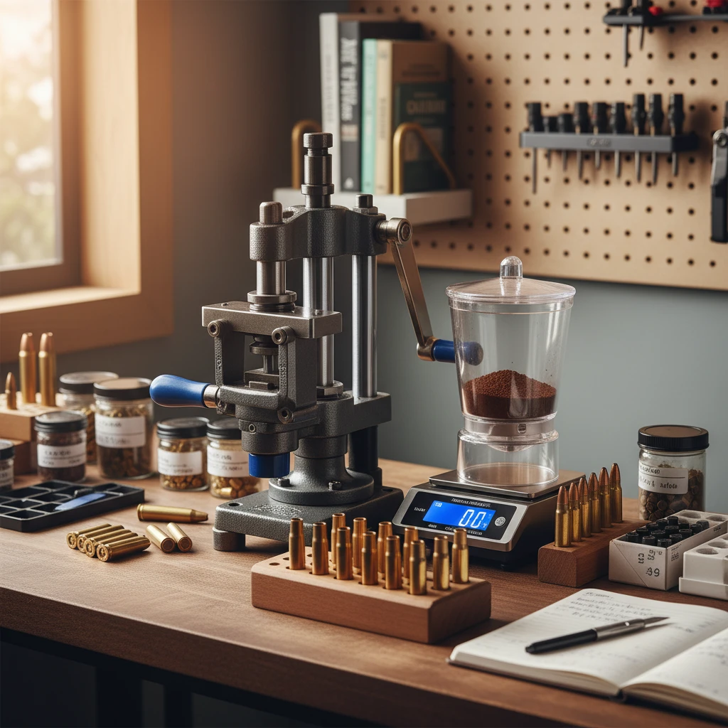 A meticulously organized reloading bench with a rifle press, scale, powder dispenser, and various components neatly arranged. Soft, natural light illuminates the scene.