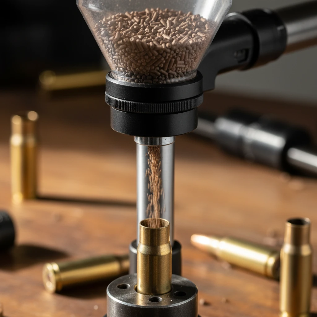 A close-up of a powder measure dispensing fine granules of smokeless gunpowder into a case. The focus is on the precision of the measurement.