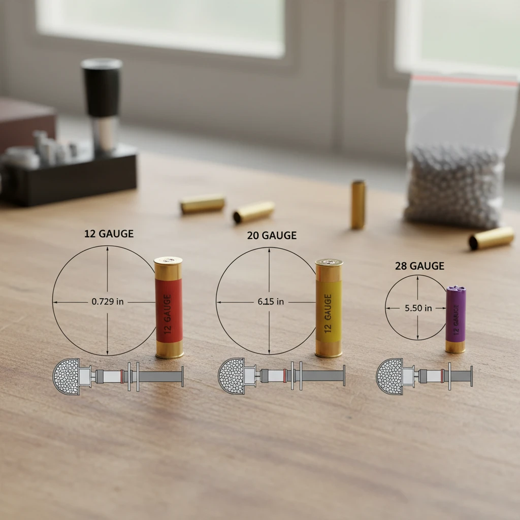 Diagram illustrating the bore diameters of common shotgun gauges like 12 gauge, 20 gauge, and 28 gauge, with corresponding shell sizes.