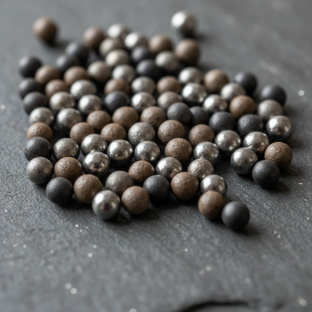 Close-up of various non-toxic shotgun pellets, including steel, bismuth, and tungsten, displayed on a textured background.