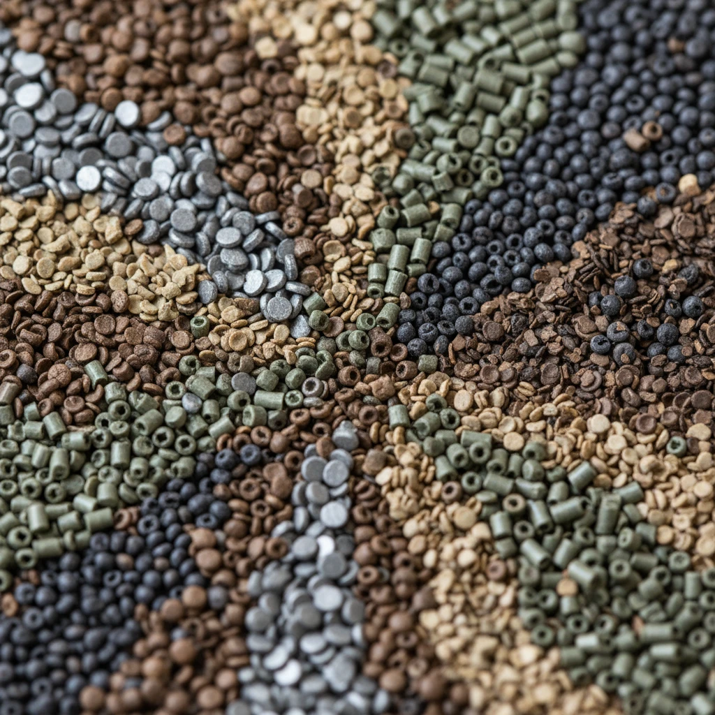 Close-up of various smokeless gun powder granules with different shapes and sizes, illustrating diversity in propellant technology.