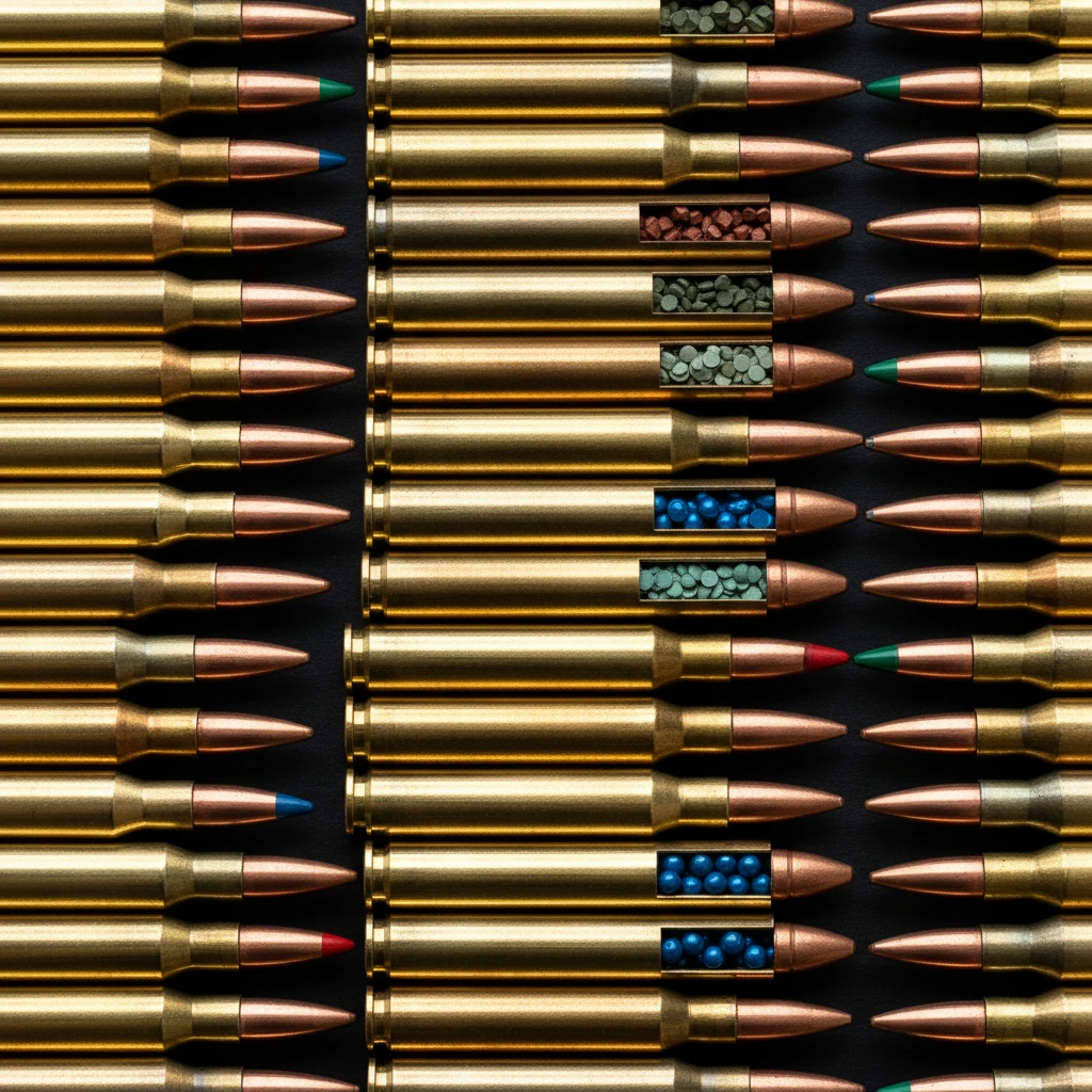 A close-up shot of various rifle cartridges arranged neatly, showcasing different headstamps and bullet types. Some cartridges are loaded with distinctively colored smokeless gun powder visible at the