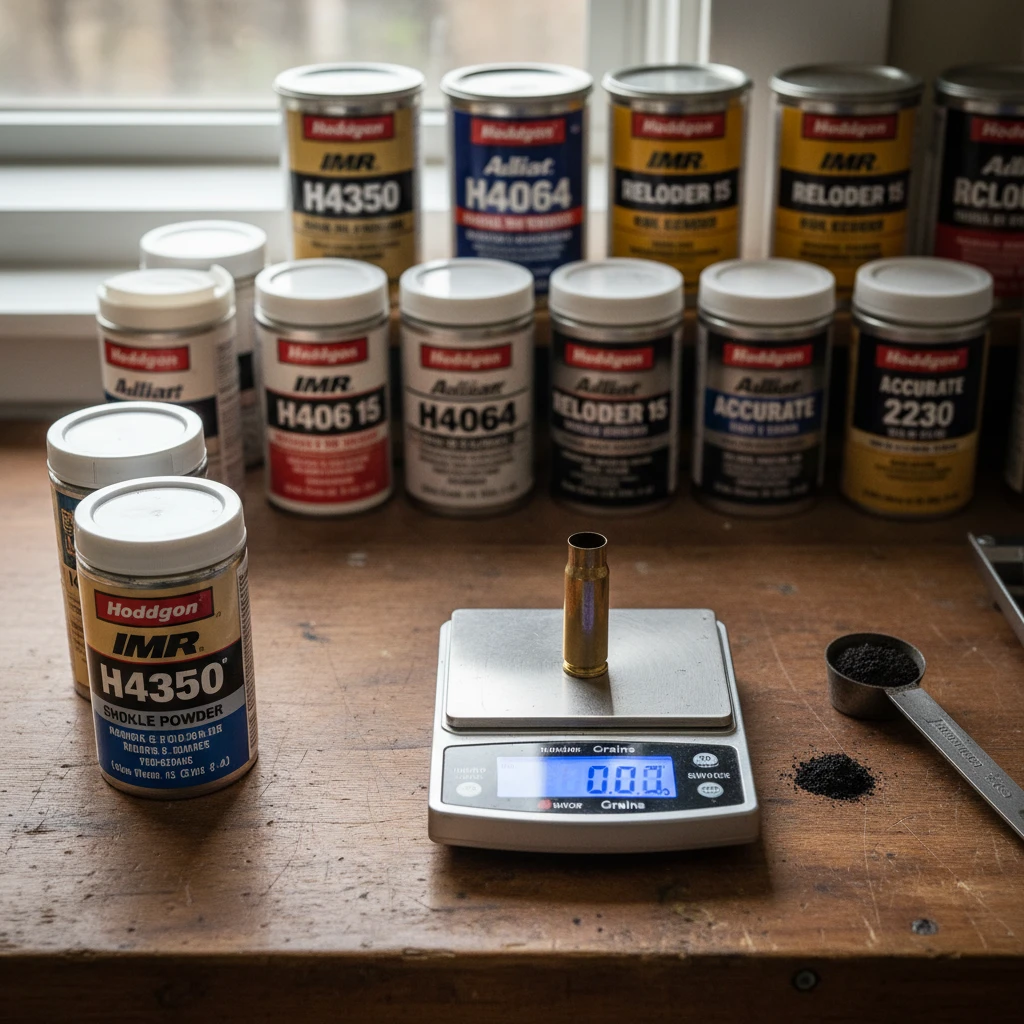 A close-up shot of various smokeless gun powder canisters neatly arranged on a wooden workbench, with a reloading scale and a spent cartridge case in the foreground, suggesting a meticulous reloading 