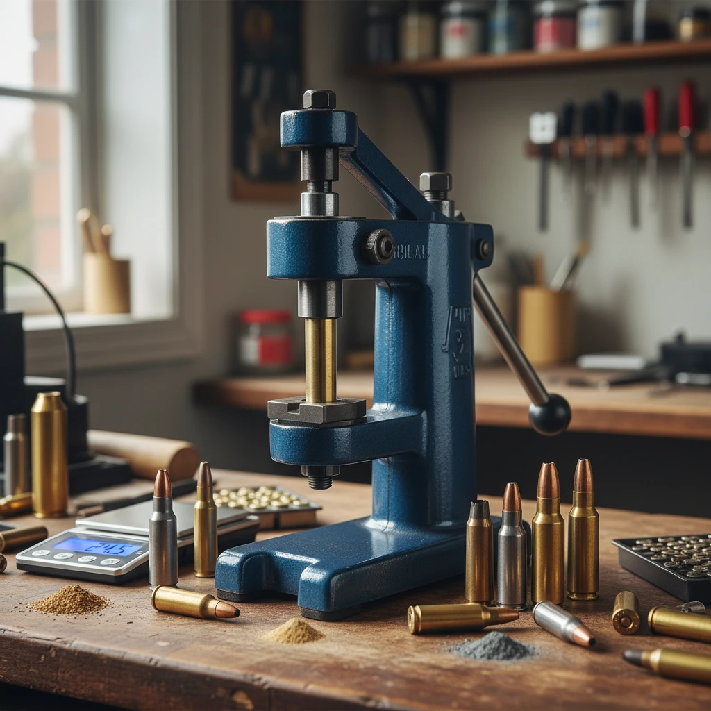 A close-up shot of a reloading press with brass casings and various bullet types laid out on a workbench.
