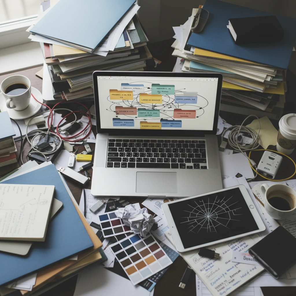 A chaotic desk with scattered files, USB drives, and a laptop displaying a disorganized folder structure, representing the problem of scattered brand assets.