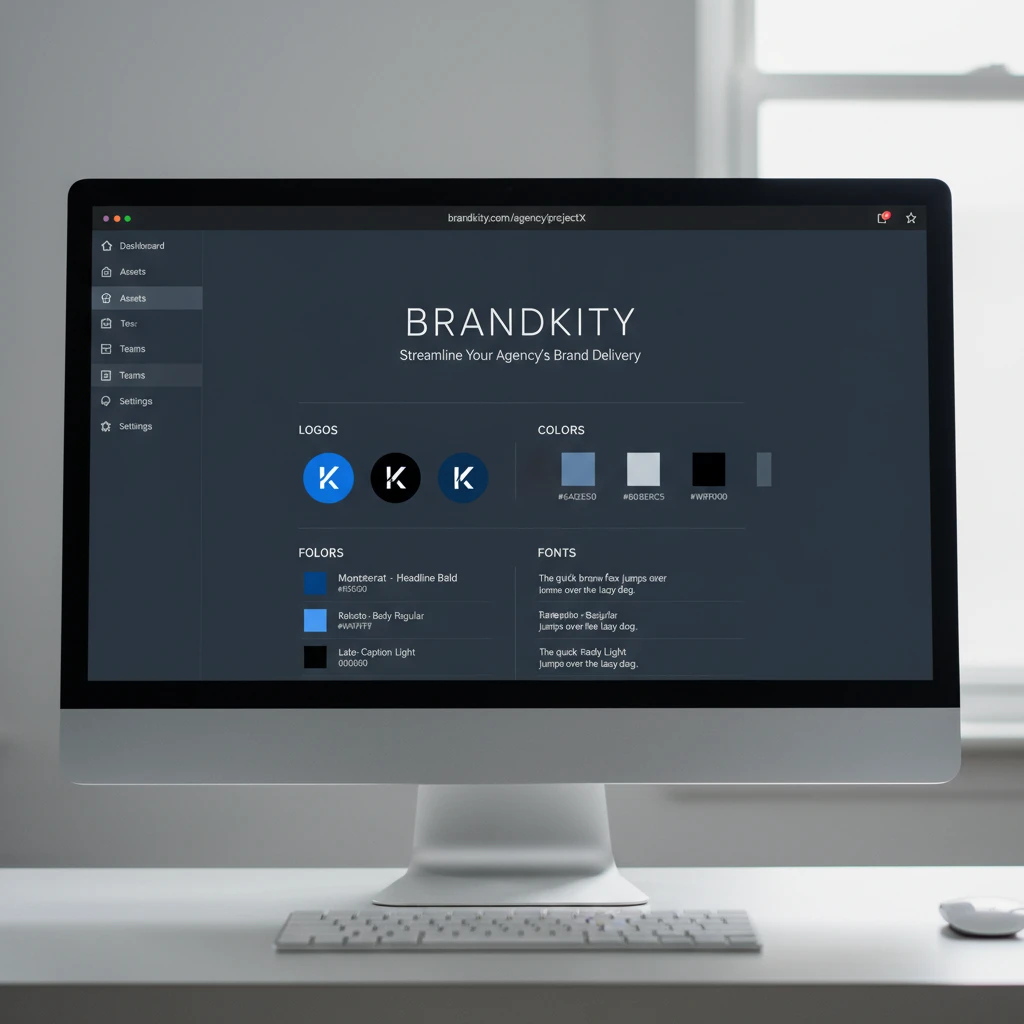 A clean, organized dashboard interface displaying various brand assets like logos, color swatches, and font examples, accessed via a single URL.