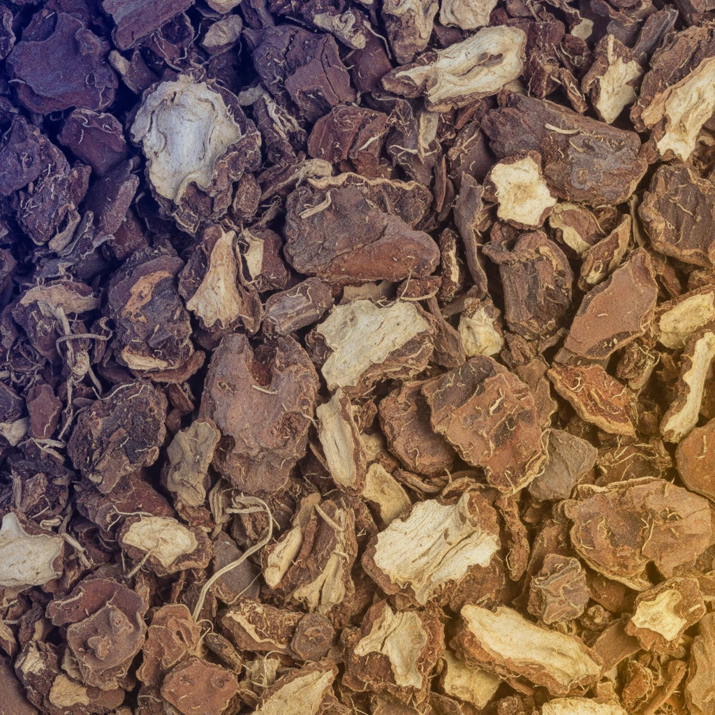 A detailed illustration of iboga root bark, showing its texture and natural form, with a subtle gradient overlay to emphasize its mystical qualities.