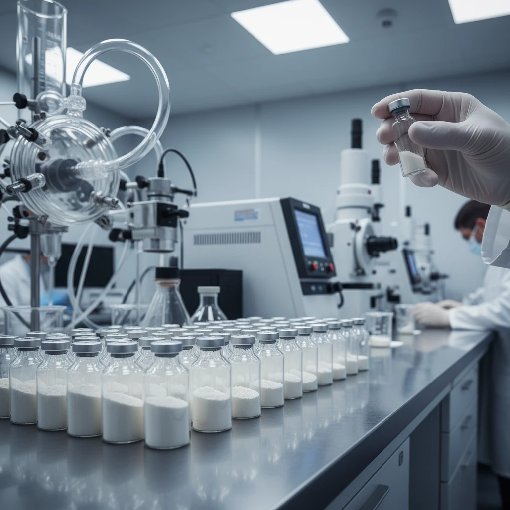 A clean, modern laboratory setting with vials and scientific equipment, symbolizing purity and rigorous testing of ibogaine powder.