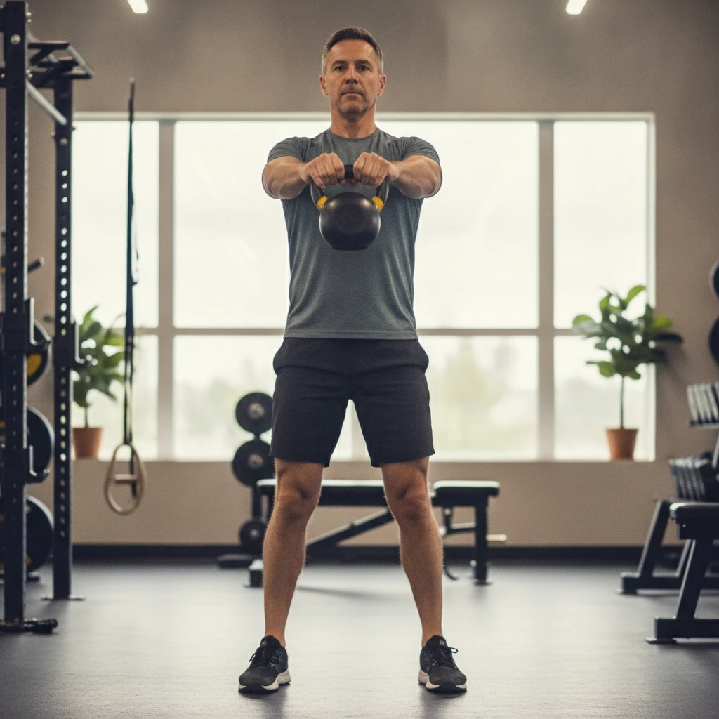 A middle-aged adult performing a kettlebell swing with good form, demonstrating functional strength in a gym setting.
