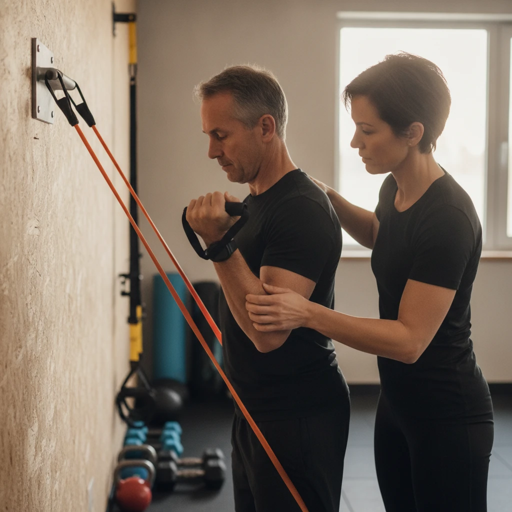 A certified personal trainer guiding a middle-aged client through a resistance exercise with focus and correct form.