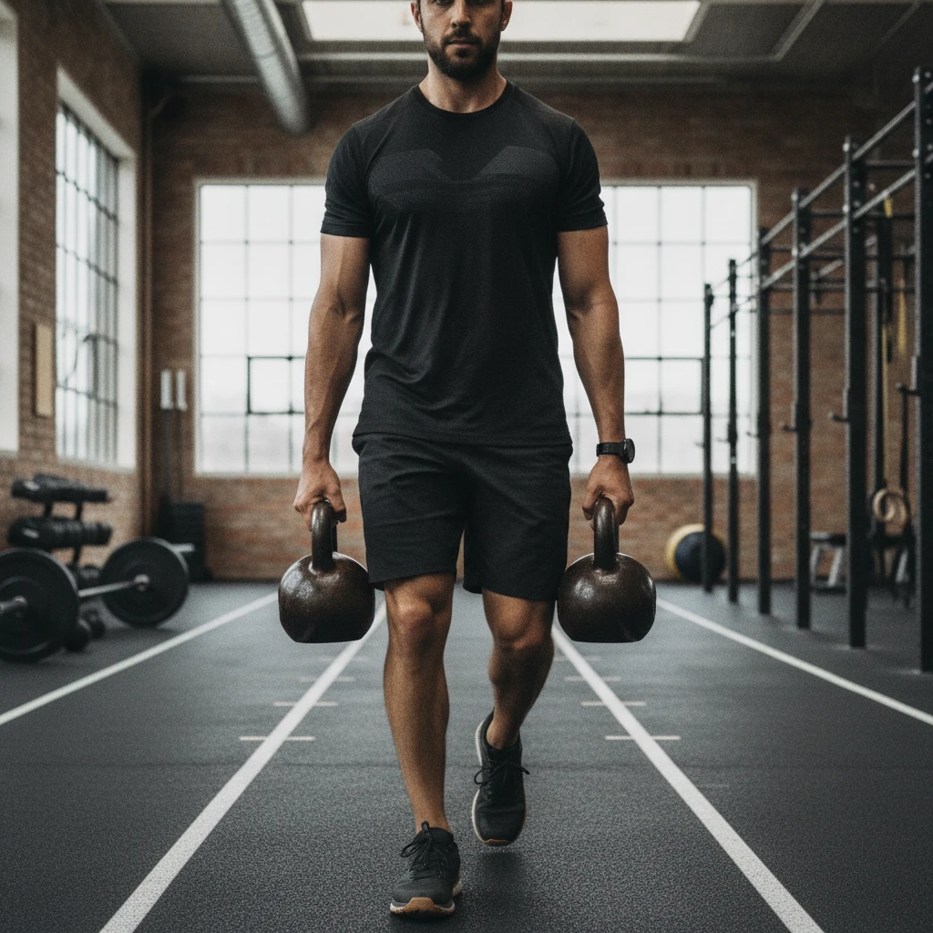 An individual performing a kettlebell farmer