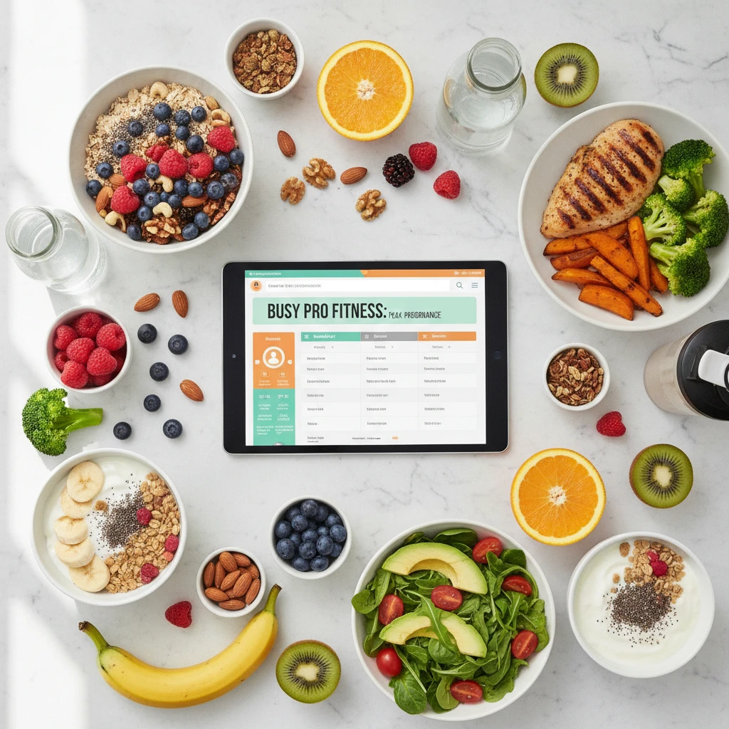 A visually appealing flat lay of nutrient-dense foods arranged around a tablet displaying a personalized nutrition plan.