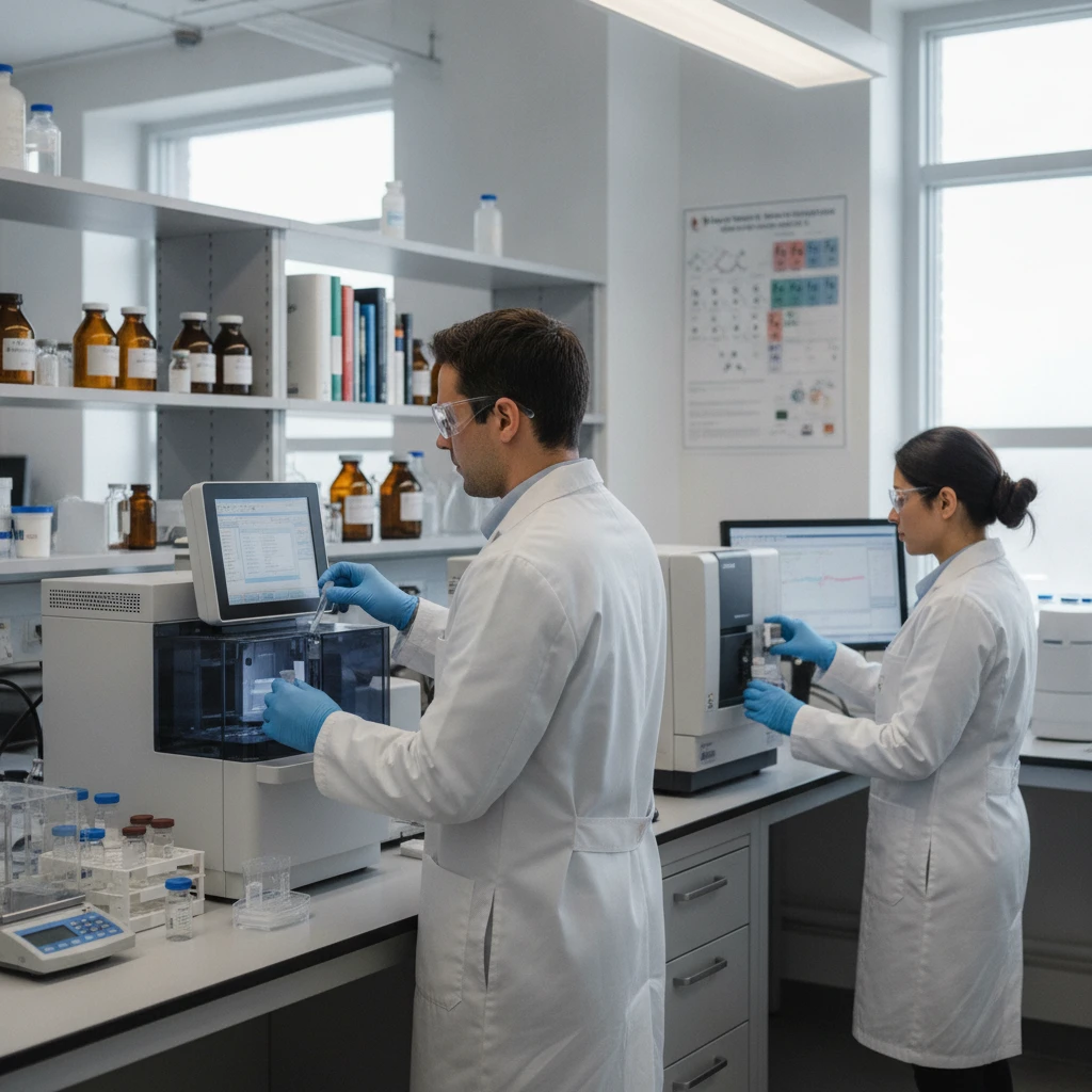A laboratory scene showing scientists performing chromatography and spectrometry tests on ibogaine samples, with vials, tubes, and advanced analytical equipment visible.