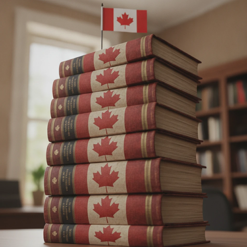 A stack of legal reference books with Canadian flags on them, symbolizing the legal framework for research chemicals in Canada.