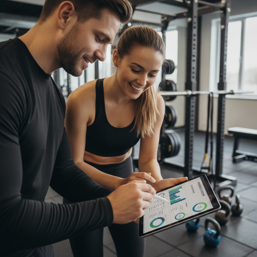 A close-up shot of a coach and client discussing a progress chart on a tablet, with a backdrop of sophisticated gym equipment. The interaction appears collaborative and encouraging.