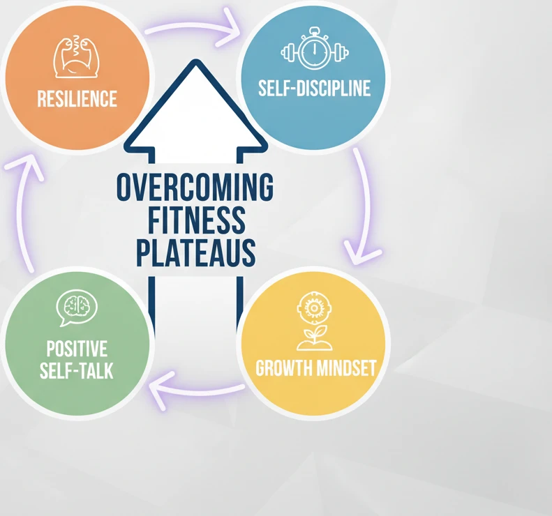 A graphic illustrating the components of mental fortitude: resilience, self-discipline, positive self-talk, and growth mindset, with arrows showing how they interlink to overcome fitness plateaus.