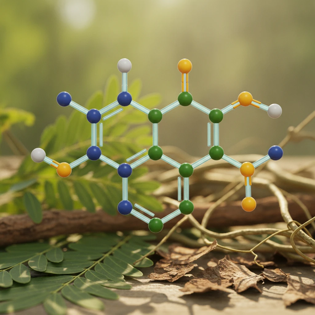 DMT Vape Cartridges Canada: Ethnobotanical Profiles Detailed molecular structure of N,N-DMT, highlighting its indole ring and dimethylamino side chain, set against a blurred background of botanical elements.