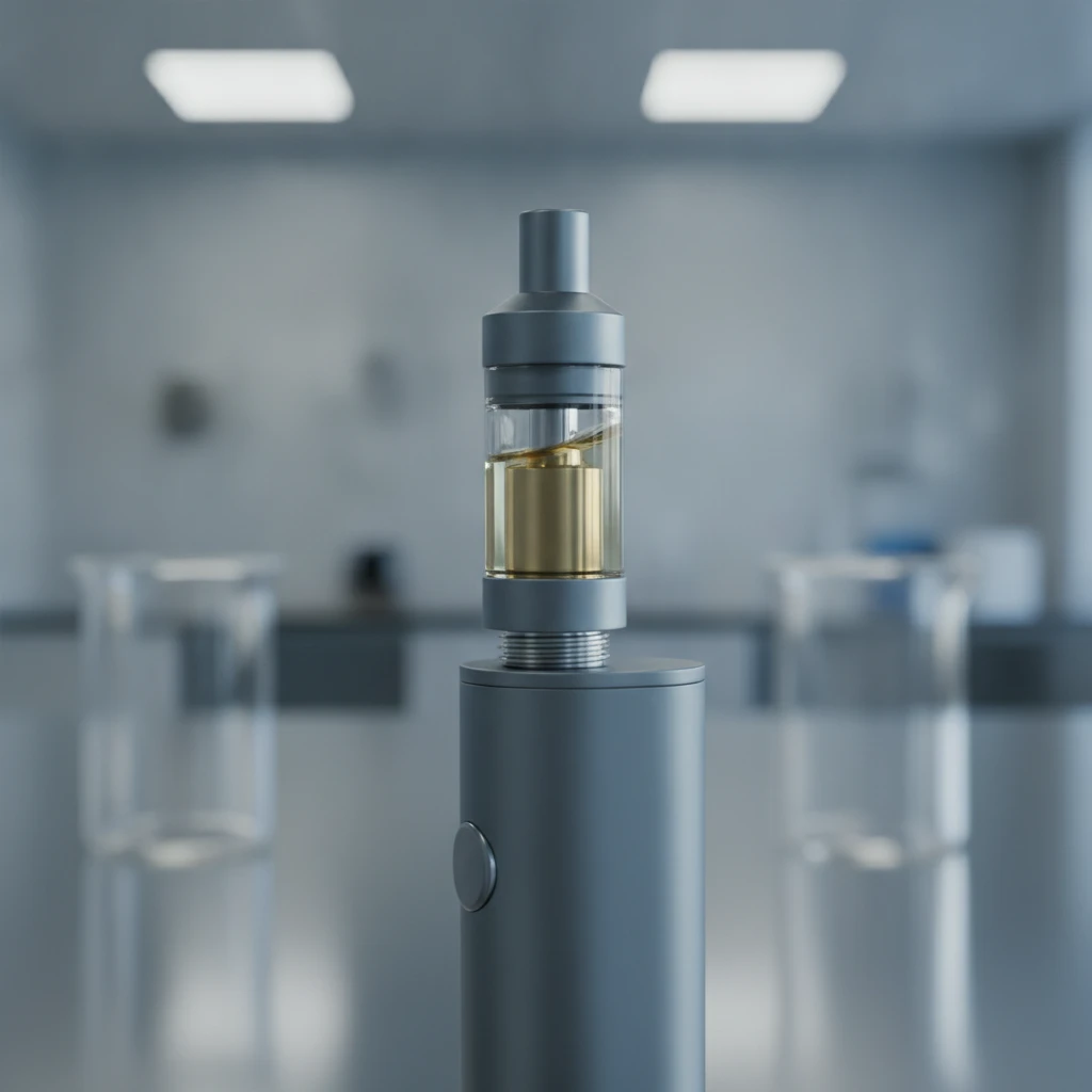 DMT Vape Cartridges Canada: Ethnobotanical Profiles Close-up of a DMT vape cartridge with visible, clear liquid, connected to a sleek, modern vaporizer device, implying precision and controlled delivery in a laboratory setting.