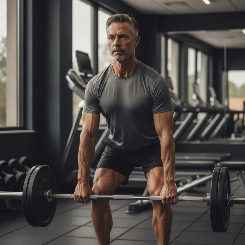 A mature adult, around 50 years old, performing a controlled deadlift with proper form in a well-equipped gym, demonstrating strength and focus.