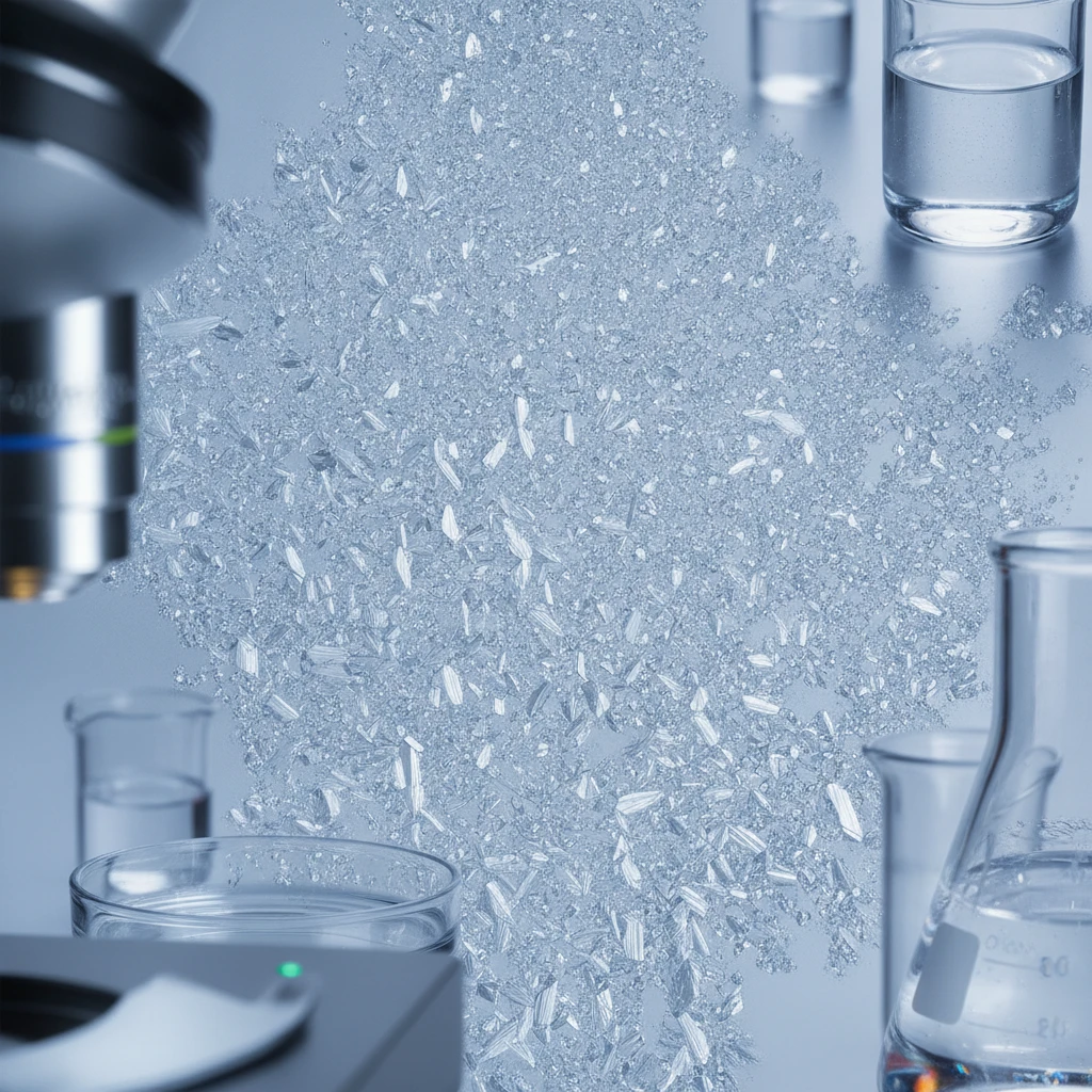 Microscopic view of ibogaine crystal structures, with a focus on their purity and uniformity under controlled laboratory conditions, depicted with advanced scientific instruments.