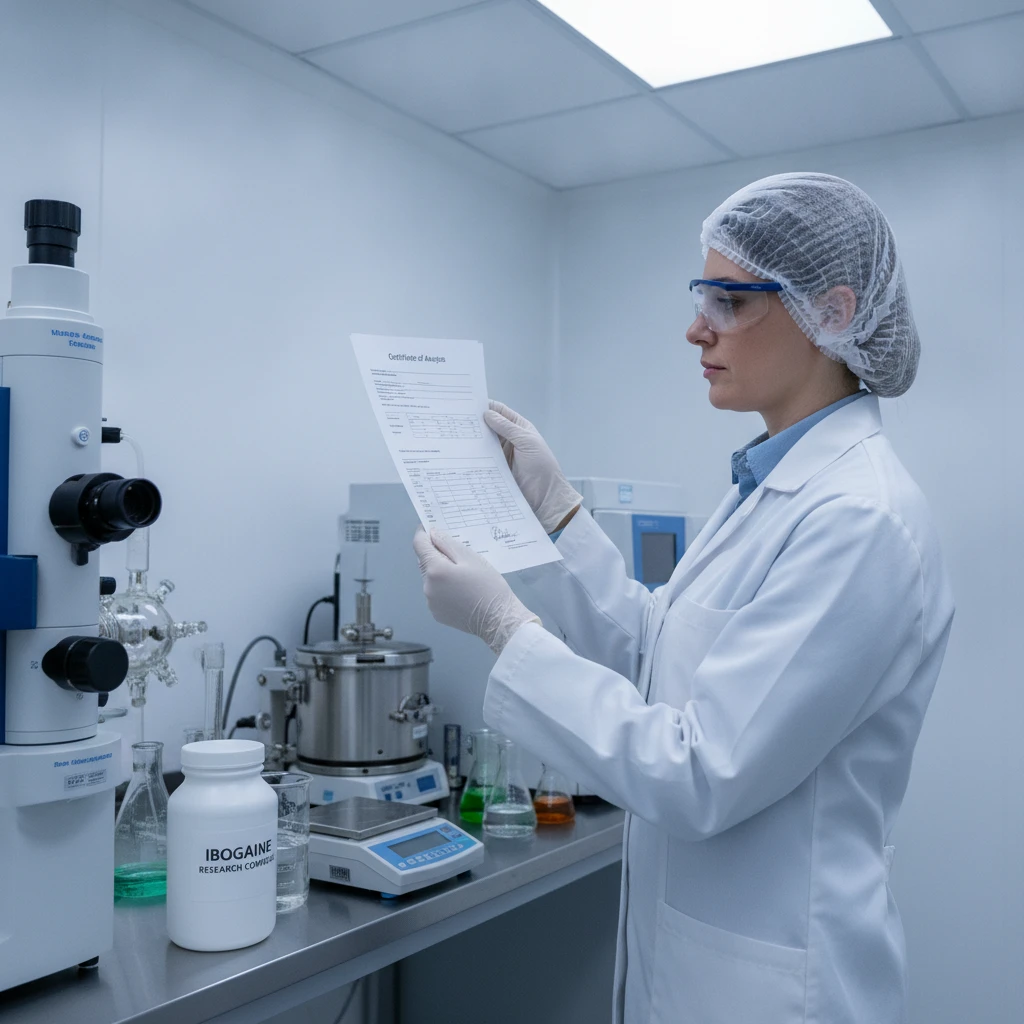A scientist in a clean room laboratory examining a Certificate of Analysis (CoA) for a research compound, with laboratory equipment visible in the background, emphasizing precision and quality control
