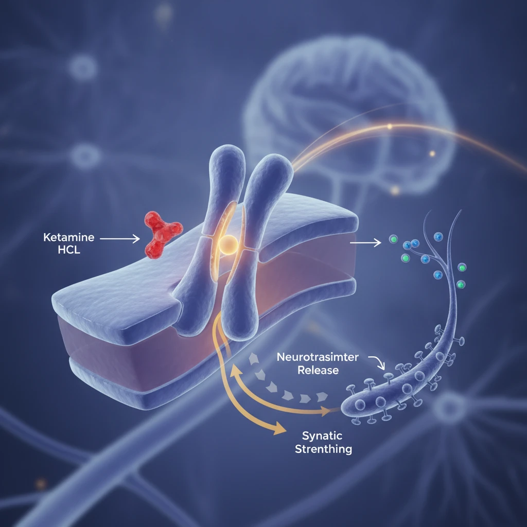 Ketamine HCL Canada: Research Applications & Legal Framework Diagram showing the NMDA receptor and ketamine binding, with arrows indicating effects on neurotransmitter release and synaptic strengthening in the brain.