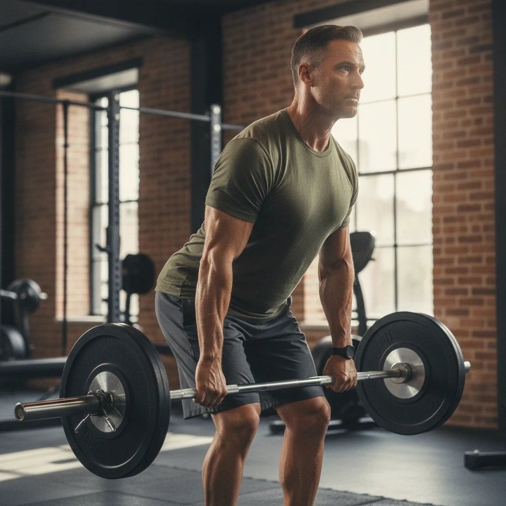 A middle-aged individual in a gym setting performing a controlled deadlift with excellent form, demonstrating functional strength training.
